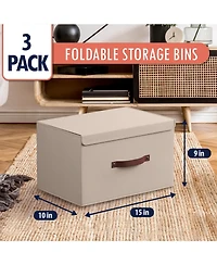 Ornavo Home Pack Foldable Linen Storage Bin with Faux Leather Handles and Lid