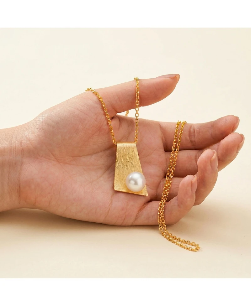 Sterling Silver 14k Gold Plated with Genuine Freshwater Pearl Rectangle Pendant Necklace