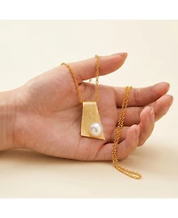 Sterling Silver 14k Gold Plated with Genuine Freshwater Pearl Rectangle Pendant Necklace