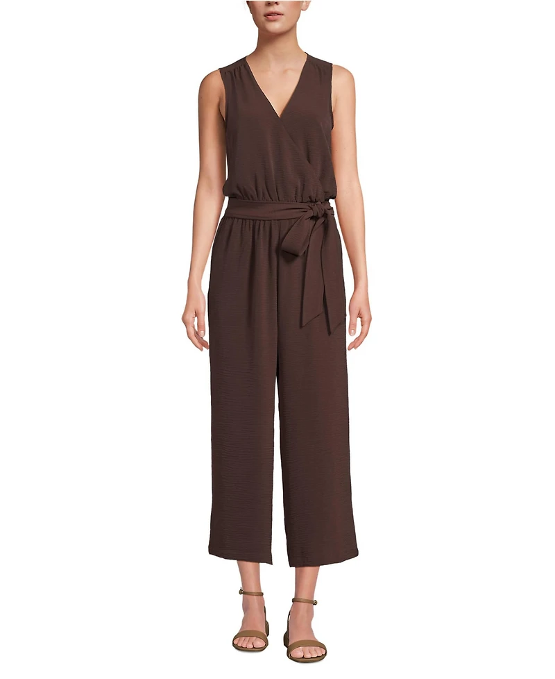 Lands' End Petite Sleeveless Creaseless Wrap Jumpsuit with Smocked Waist