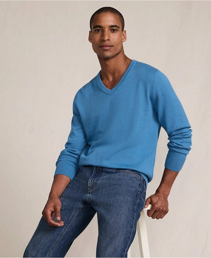Lands' End Men's Fine Gauge Cotton V Neck Sweater