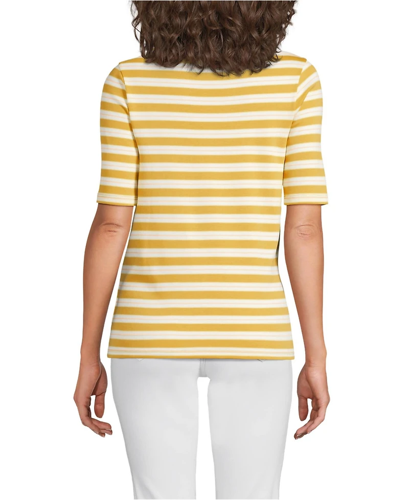 Lands' End Women's Supima Cotton Elbow Sleeve Boatneck Button Shoulder Tee