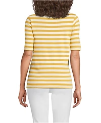 Lands' End Women's Supima Cotton Elbow Sleeve Boatneck Button Shoulder Tee