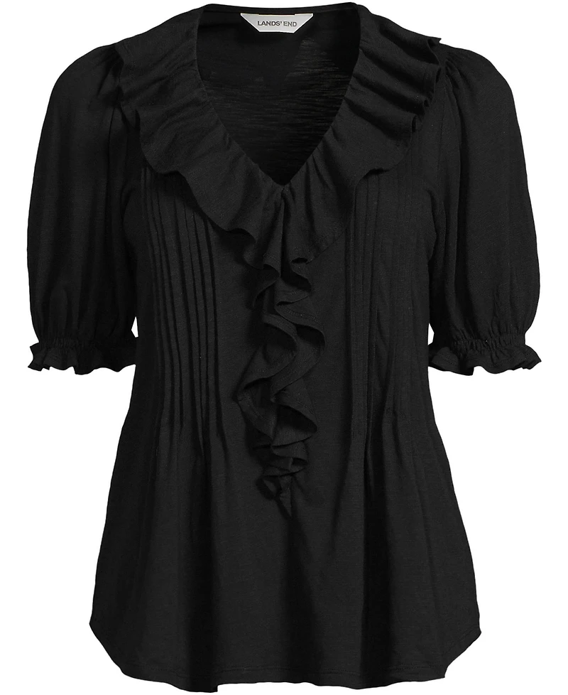Lands' End Women's Puff Sleeve Slub Ruffle Pintuck Top
