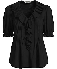 Lands' End Women's Puff Sleeve Slub Ruffle Pintuck Top