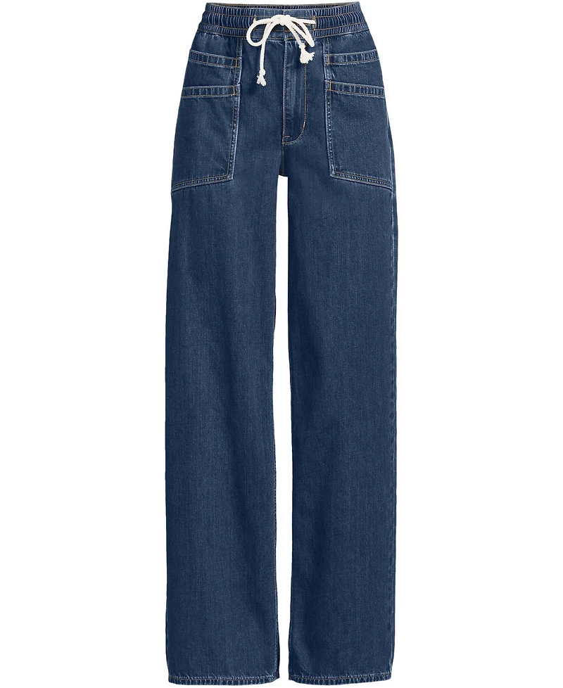 Lands' End Women's Lightweight Denim High Rise Relaxed Straight Pull On Pocket Jeans