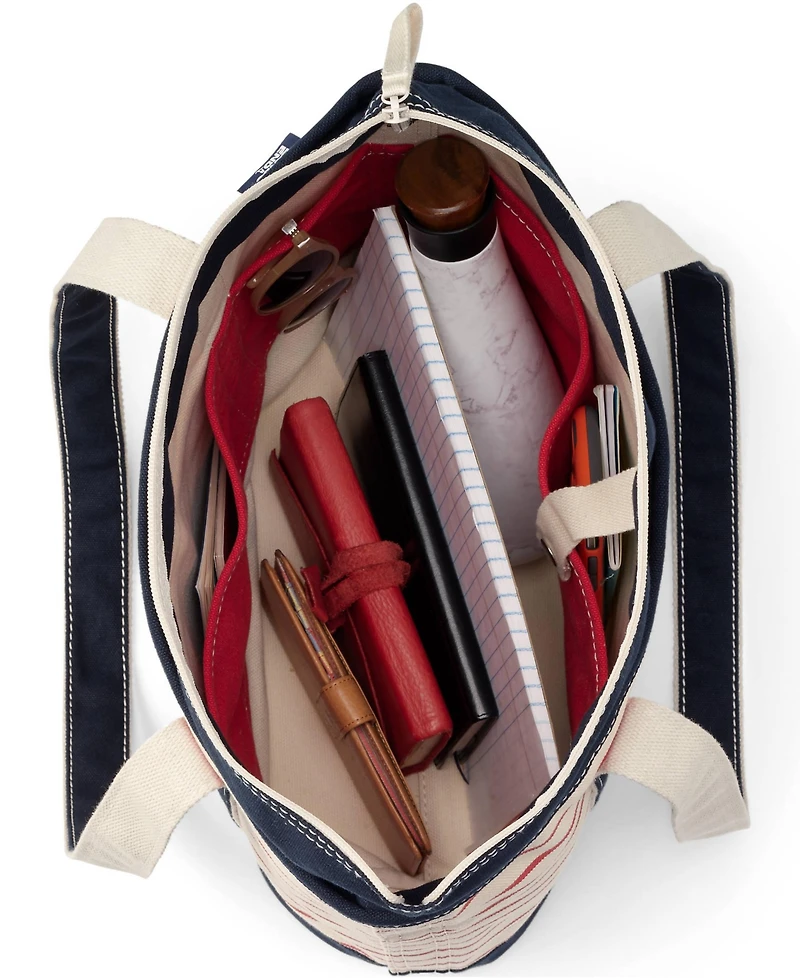 Lands' End Medium Print 5 Pocket Zip Top Long Handle Canvas Tote Bag