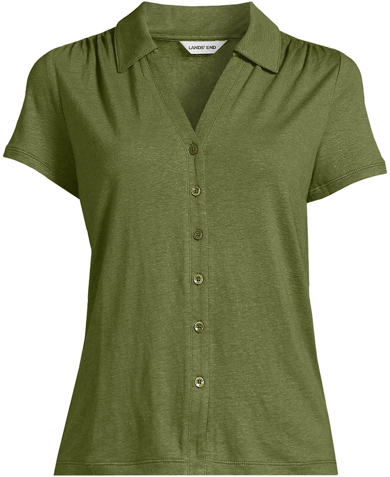 Lands' End Women's Linen Blend Short Sleeve Button Front Polo Top
