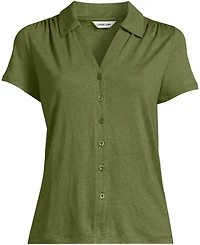 Lands' End Women's Linen Blend Short Sleeve Button Front Polo Top