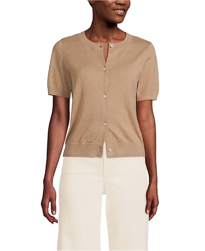 Lands' End Women's Cotton Short Sleeve Crew Neck Cardigan Sweater