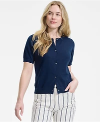 Lands' End Women's Cotton Short Sleeve Crew Neck Cardigan Sweater