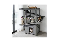 Zeus and Ruta 4 Tiers Outdoor Cat House Weatherproof Tree Tower With Waterproof Roof 2 Doors Multi Level Play