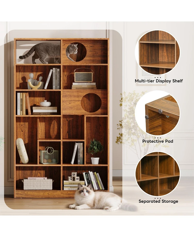 Zeus And Ruta Modern 2 1 Wood Cat Tree Bookshelf House With Storage Display Case Litter Box Enclosure
