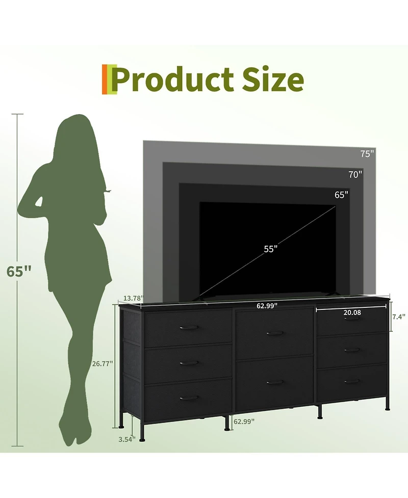 gaomon 63" Tv Stand Dresser with 8 Fabric Drawers for TVs up to 75", Storage Organizer Wooden Top and Metal Frame