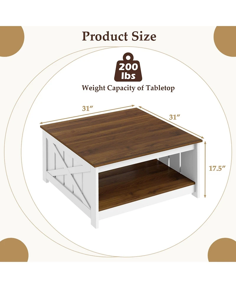 Slickblue Farmhouse Coffee Table Square with Storage Shelf