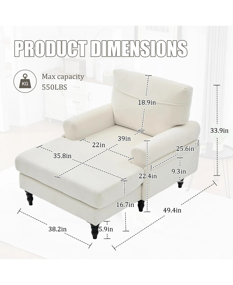 Rainsken Oversized Chaise Lounge Chair, Chenille Leisure Recliner Single Sofa with Wooden Legs and Side Pockets for Living Room, Bedroom