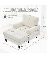 Rainsken Oversized Chaise Lounge Chair, Chenille Leisure Recliner Single Sofa with Wooden Legs and Side Pockets for Living Room, Bedroom