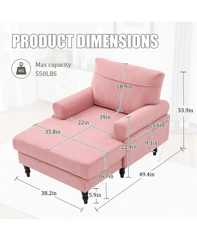 Rainsken Large Chenille Leisure Recliner Chaise Lounge, Stylish Single Sofa Chair with Wooden Legs and Side Pockets for Living Room, Bedroom