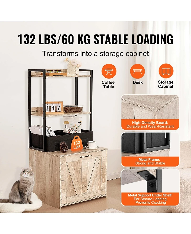 Aostirmotor Cat Litter Box Enclosure Furniture Hidden with 2 Shelves and 2 Baskets, Indoor Litter Box Cabinet