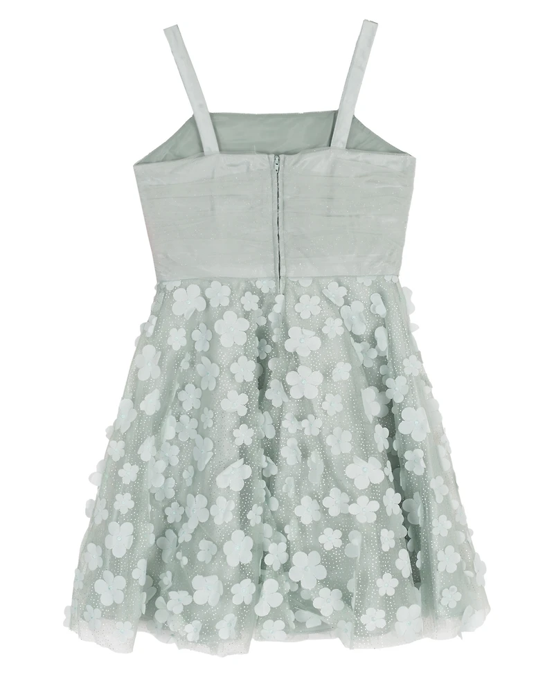 Rare Editions Girls' 7-16 3D Flower Glitter Mesh Ruched Bodice Dress