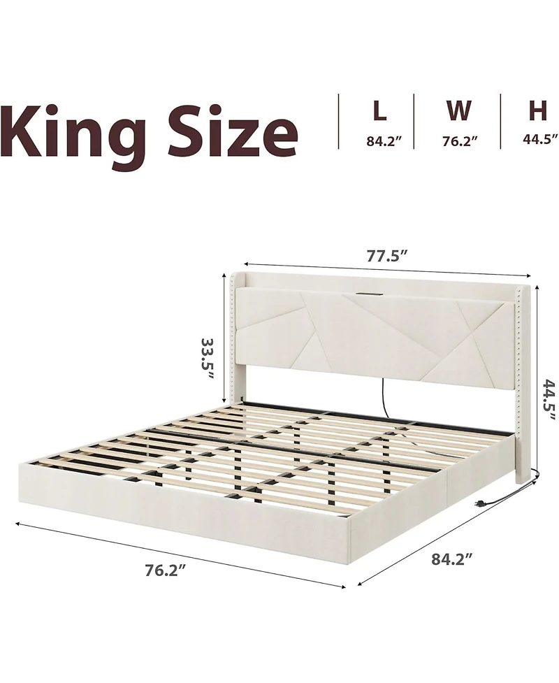 gaomon King Floating Bed Frame with Led Lights & Charging Station, Upholstered Storage Headboard Folding Shelves