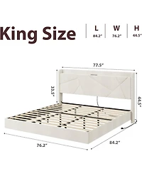 gaomon King Floating Bed Frame with Led Lights & Charging Station, Upholstered Storage Headboard Folding Shelves