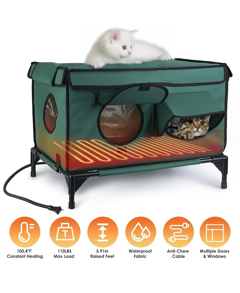 Zeus and Ruta Waterproof Heated Cat House Outdoor Insulated Kitty Shelter with Heating Pad Anti Chew Cord 2 Doors 3 Windows