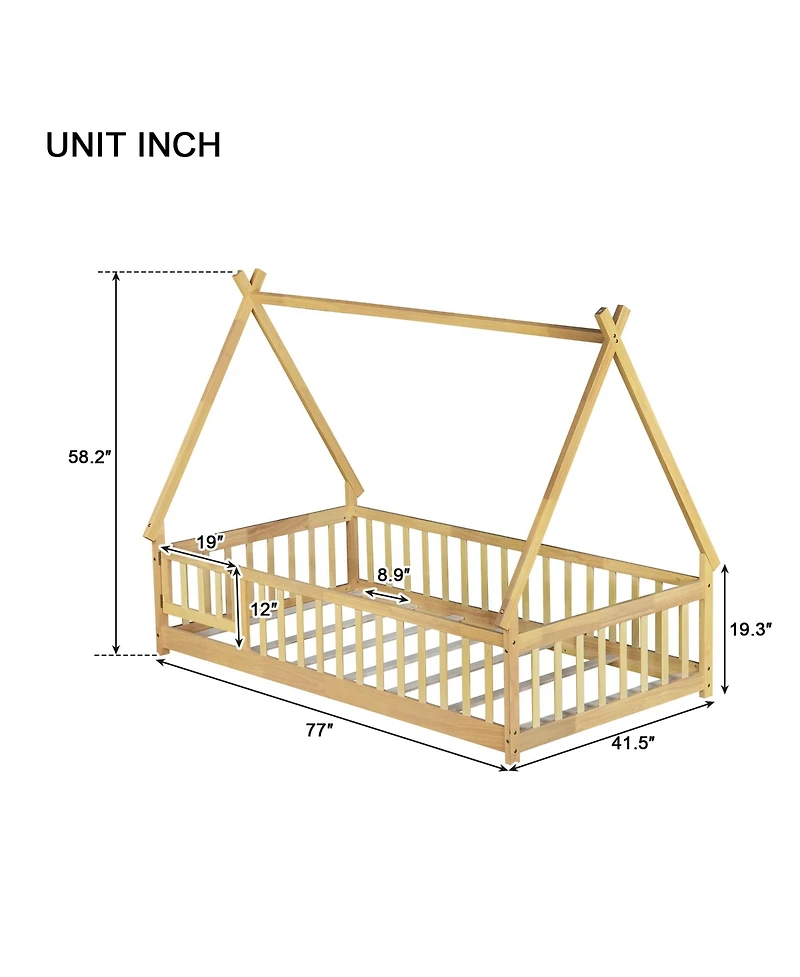 Clihome Twin Tent-shaped Floor Bed,Teepee Bed with Guardrails,Slats and Door