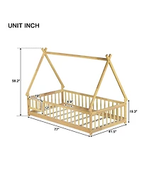Clihome Twin Tent-shaped Floor Bed,Teepee Bed with Guardrails,Slats and Door