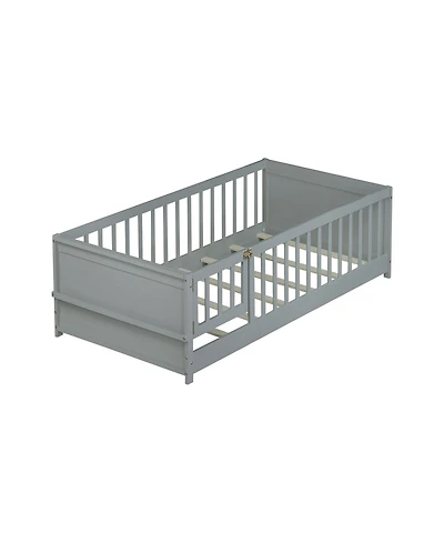 Clihome Twin Floor Bed with Built-in Book Rack and Door