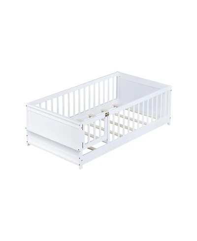 Clihome Twin Floor Bed with Built-in Book Rack and Door