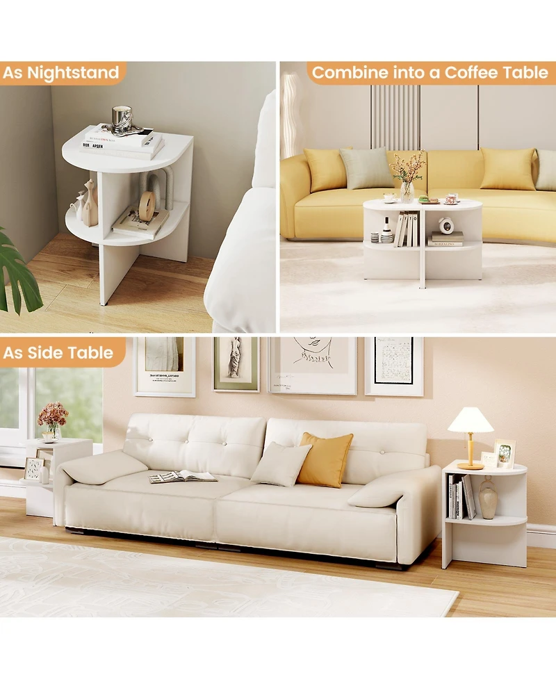 Gymax Half Round Side Table 2-tier Wooden Nightstand with Open Storage Shelves