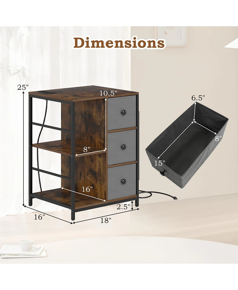 Gymax Nightstand 3-Tier Storage End Table Bedside Table with Charging Station and Shelf