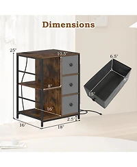 Gymax Nightstand 2 Pcs 3-Tier Storage End Table Bedside Table with Charging Station and Shelf