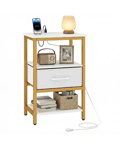 Gymax Nightstand w/Charging Station Fabric Drawer and Open Storage Shelves Metal Frame