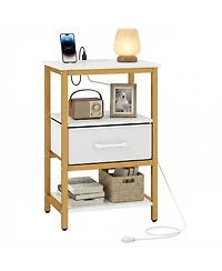Gymax Nightstand w/Charging Station Fabric Drawer and Open Storage Shelves Metal Frame