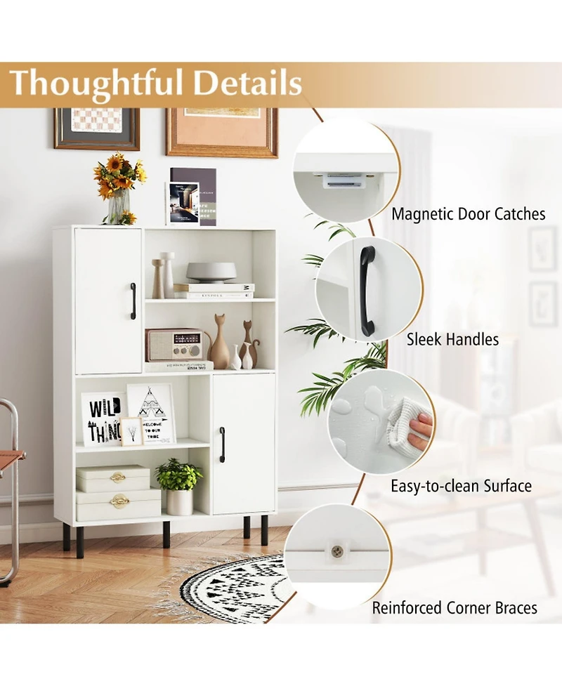 Gouun 47-Inch Storage Cabinet Bookcase with 2 Doors and 4 Open Shelves