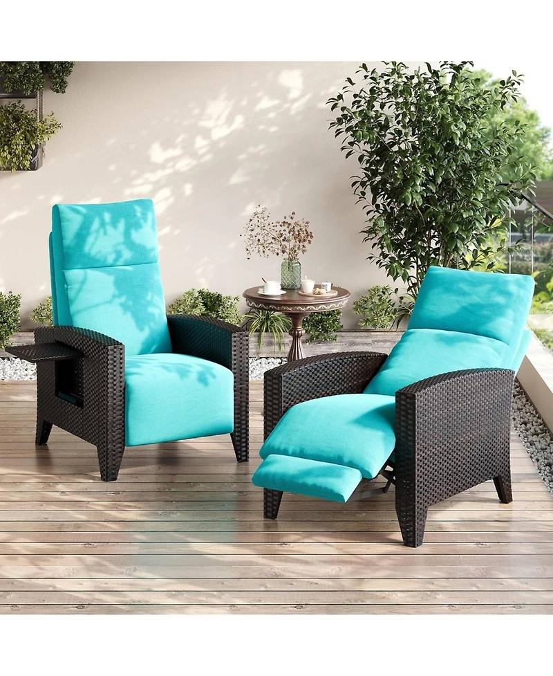 gaomon Outdoor Wicker Recliner with Adjustable Backrest and Footrest, Flip-Up Table