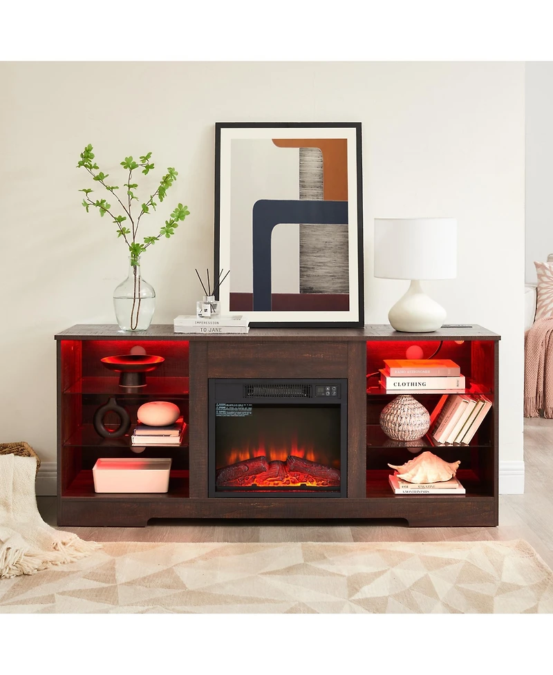 Rainsken Led Fireplace Tv Stand 58 Inch, Media Entertainment Center Compatible with 32-62" TVs, Living Room Console with Usb Charging Outlet