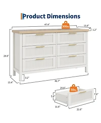 gaomon 6 Drawer Ribbed Wooden Dresser, 47.5 Inch Wide Bedroom Storage Dresser and Tv Stand