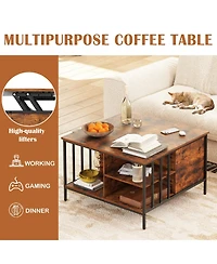 Rainsken Square Lift-Top Coffee Table, Farmhouse Center Table with Hidden Compartment and Storage Shelves for Living Room