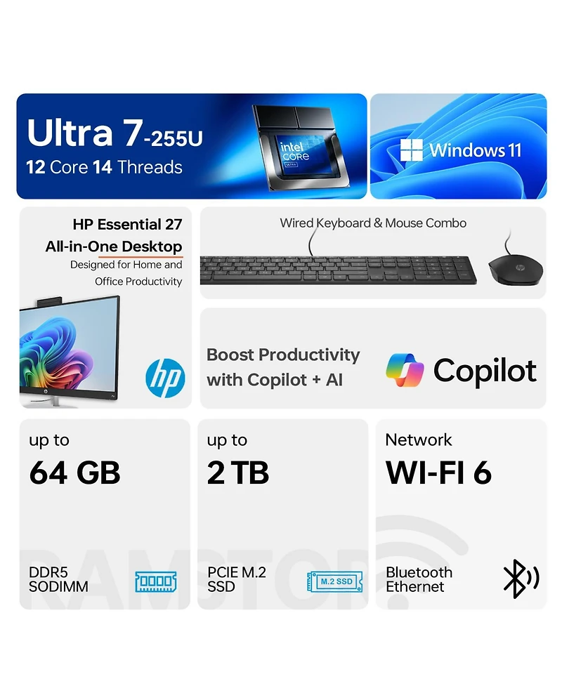 Hp Essential 27" All-in-One Intel Core Ultra 7 32GB Ram Intel Graphics 2TB Ssd Storage Windows 11 Pro 60Hz