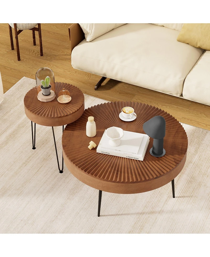 Slickblue Set of 2 Round Tables with Pine Wood Top and Metal Legs