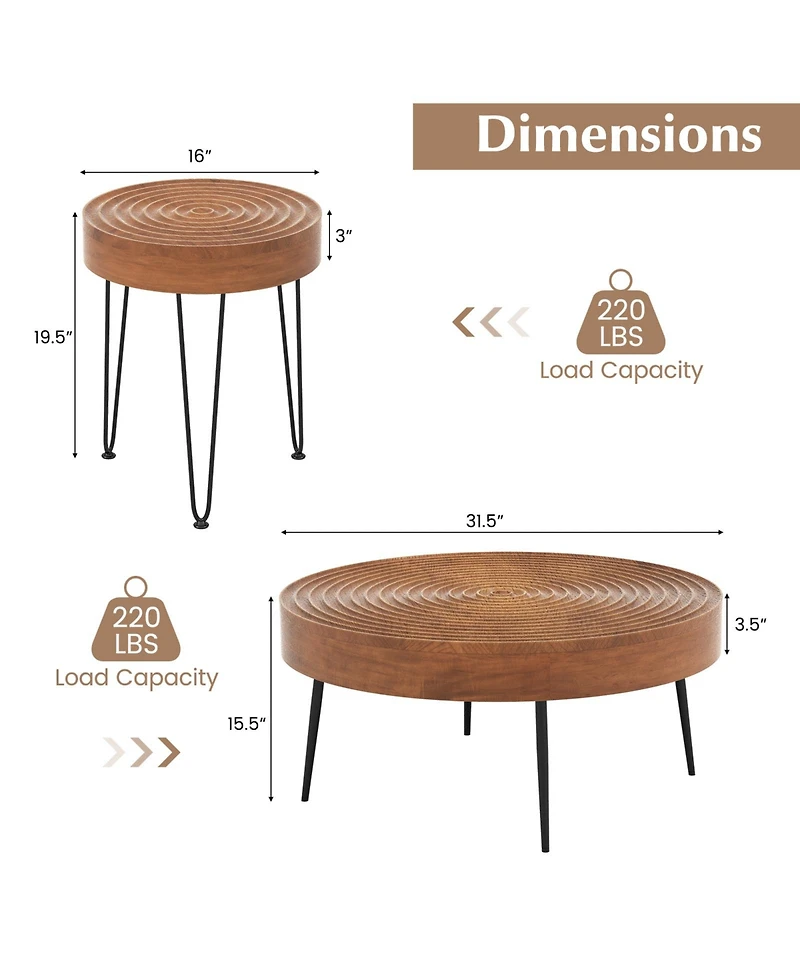 Slickblue Set of 2 Solid Wood Farmhouse Round Coffee Tables Ring Design
