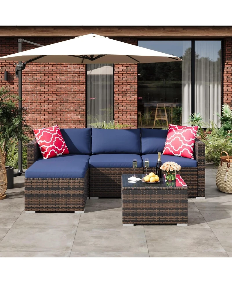 gaomon 5-Piece All-Weather Wicker Patio Sectional Sofa Set with Ottoman and Glass Table