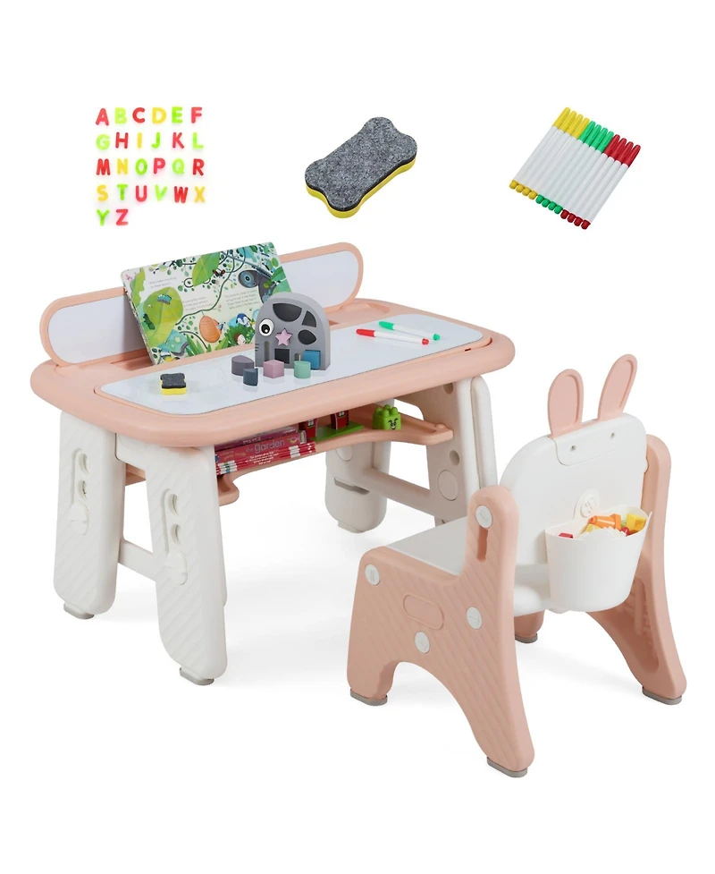 Slickblue Table and Chair Set for Kids with Flip-Top Bookshelf Storage
