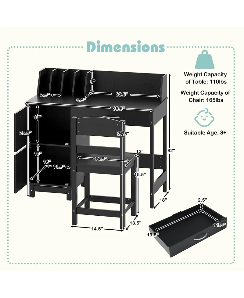 Sugift Wooden Kids Study Desk and Chair Student Workstation Set