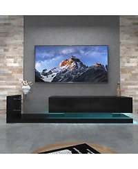 Rainsken Led Tv Stand, High Gloss Wood Entertainment Center, Media Console Table with Power Outlet and 2 Storage Cabinets for Living Room