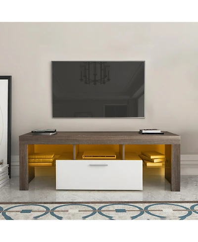 Rainsken Modern Tv Stand with Led Light, Media Console Entertainment Center for 50 Inch Tv with Toughened Glass Shelf for Living Room