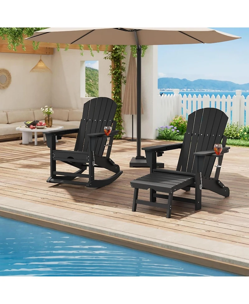gaomon Folding Adirondack Rocking Chair with Retractable Ottoman and Cup Holders, Hdpe All-Weather Outdoor Chair for Porch